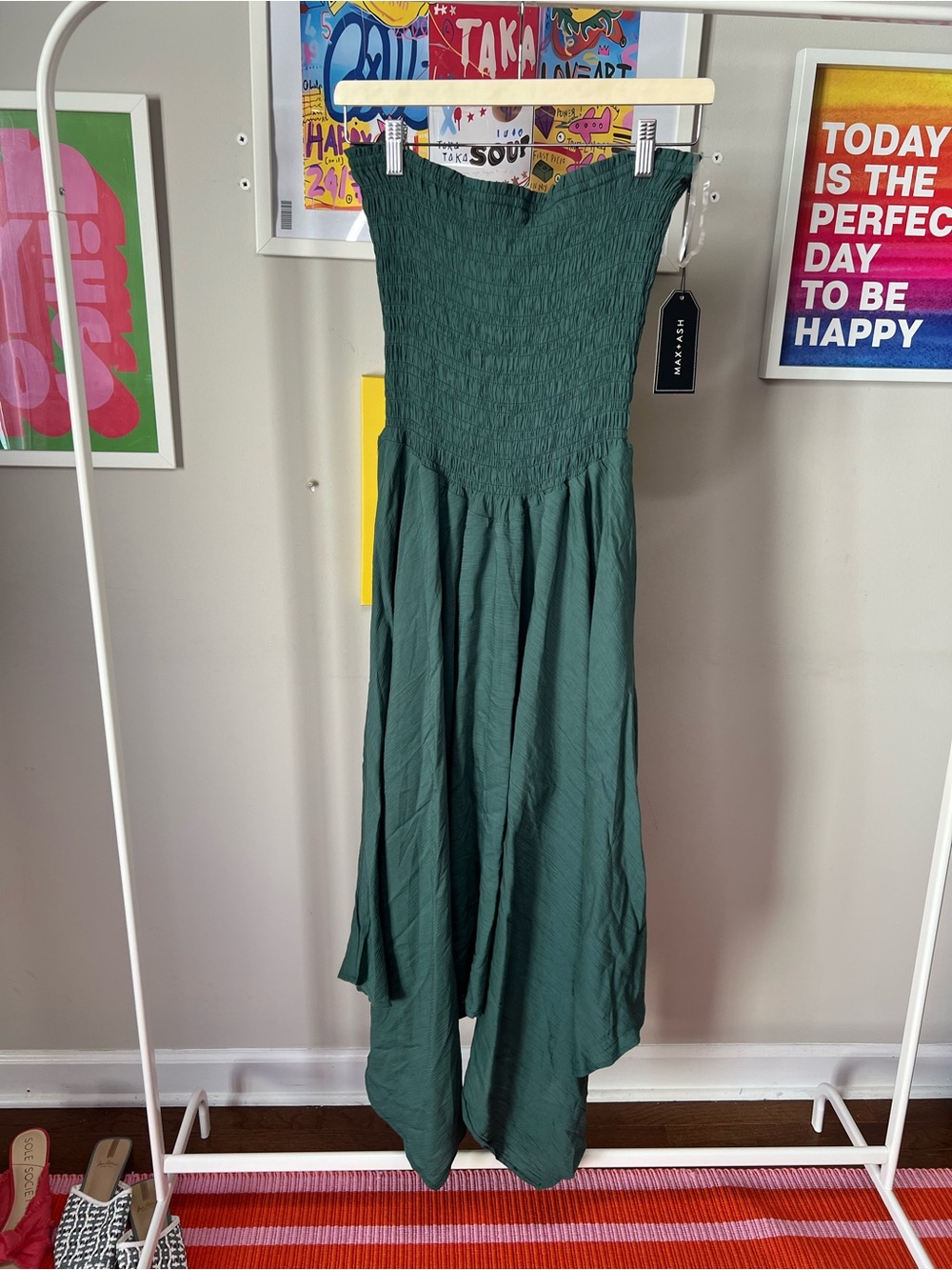 Smocked Strapless Asymmetrical Maxi Dress - Dark Green
